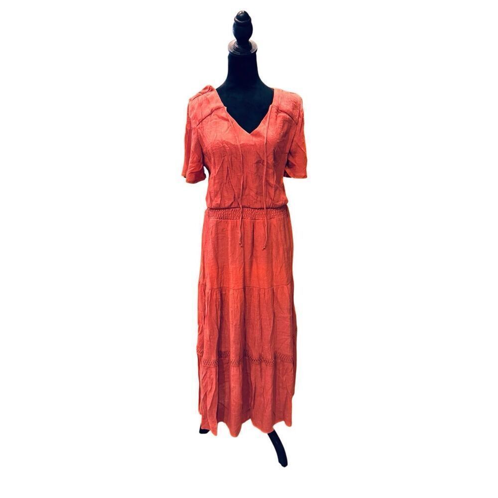 Luxology Coral Boho Maxi Dress Tie Neck Smocked Waist Size L